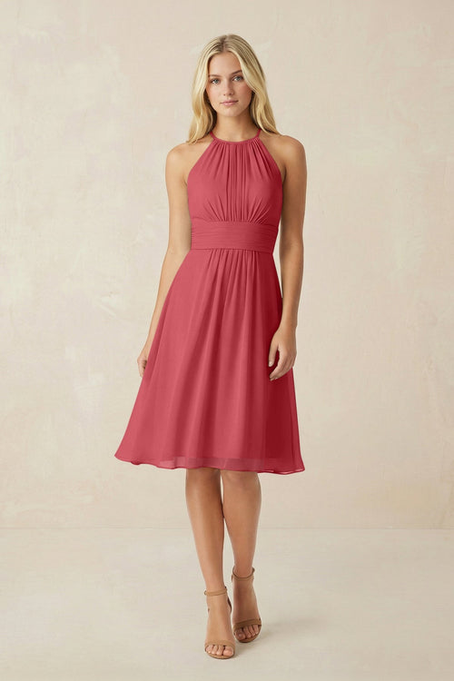 Halter A - Line Chiffon Midi Bridesmaid Dress in Merlot - SHE IS ME Bridesmaid Dresses