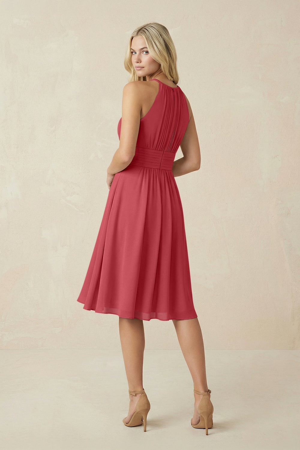Halter A - Line Chiffon Midi Bridesmaid Dress in Merlot - KISS BRIDAL Bridesmaid Dresses