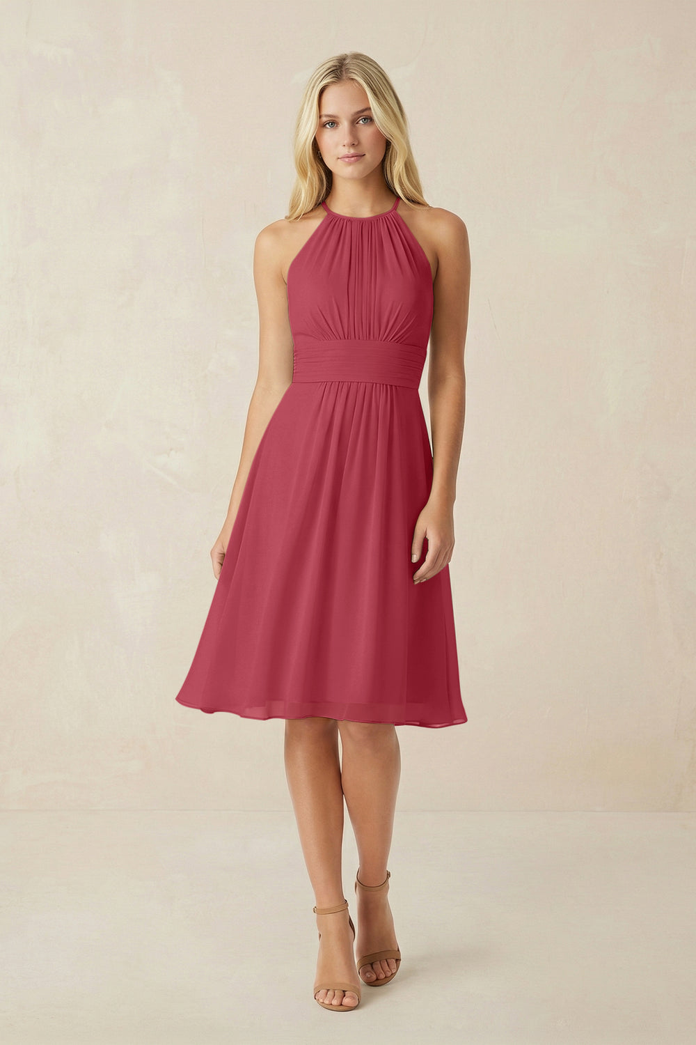 Halter A-Line Chiffon Midi Bridesmaid Dress in Merlot