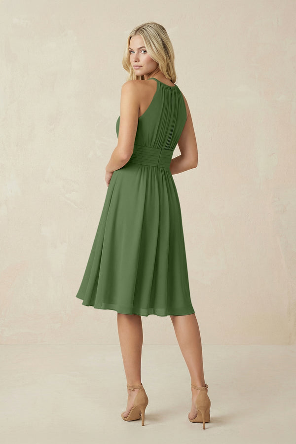 Halter A - Line Chiffon Midi Bridesmaid Dress in Moss - SHE IS ME Bridesmaid Dresses
