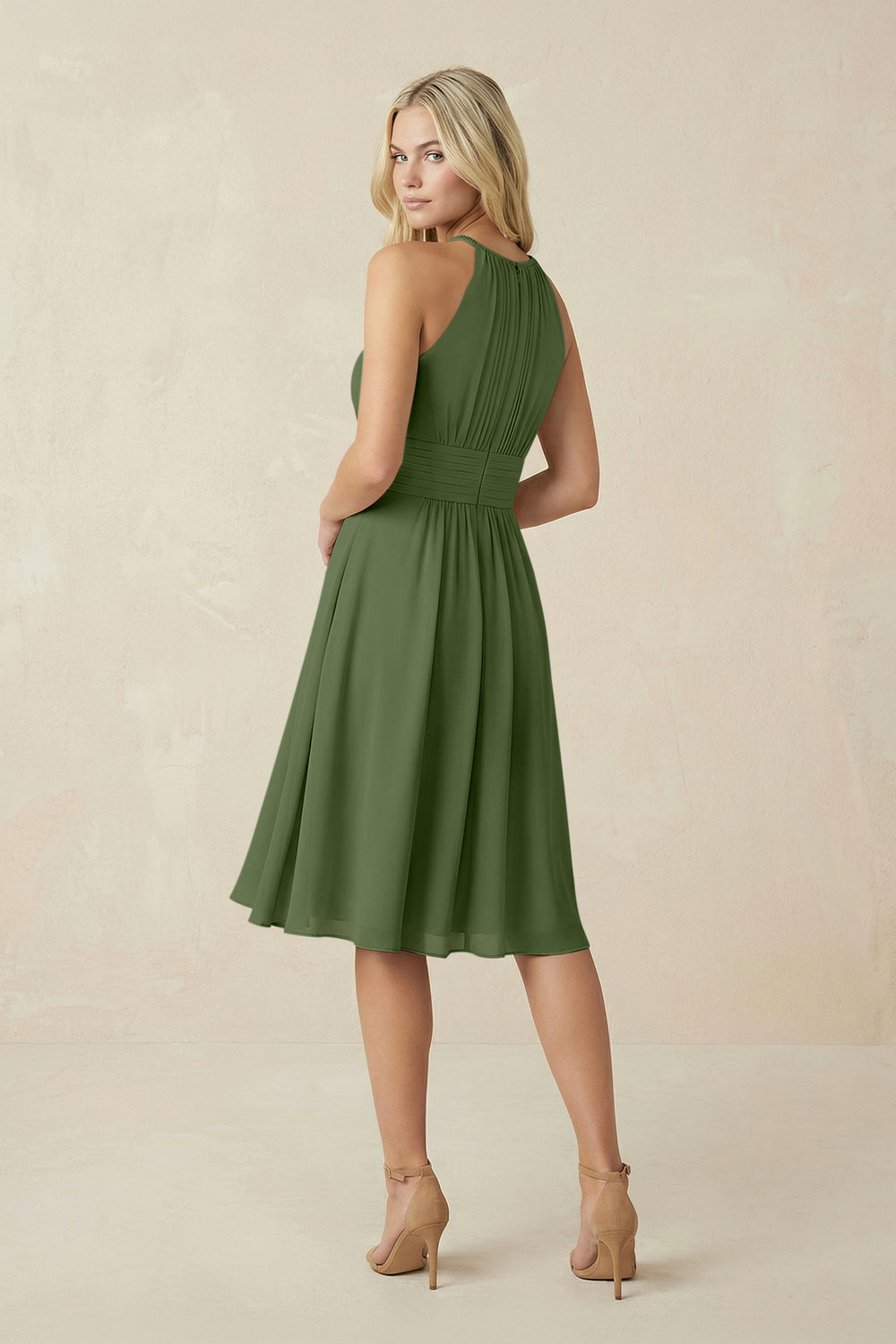 Halter A-Line Chiffon Midi Bridesmaid Dress in Moss