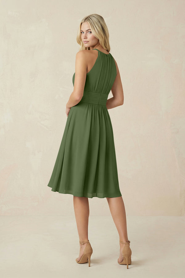 Halter A-Line Chiffon Midi Bridesmaid Dress in Moss (2) | KISSBRIDAL