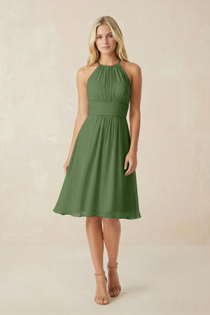 Halter A - Line Chiffon Midi Bridesmaid Dress in Moss - SHE IS ME Bridesmaid Dresses