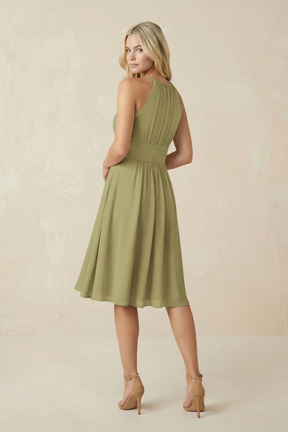 Halter A-Line Chiffon Midi Bridesmaid Dress in Moss Green