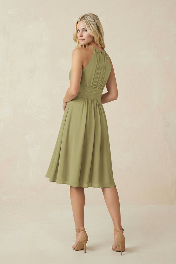 Halter A-Line Chiffon Midi Bridesmaid Dress in Moss Green (2) | KISSBRIDAL