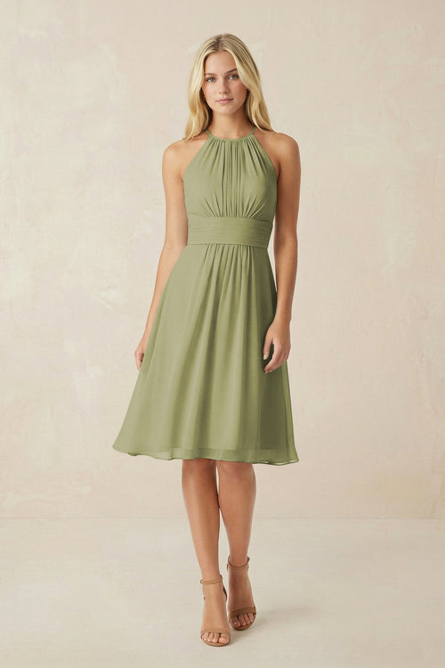 Halter A - Line Chiffon Midi Bridesmaid Dress in Moss Green - SHE IS ME Bridesmaid Dresses