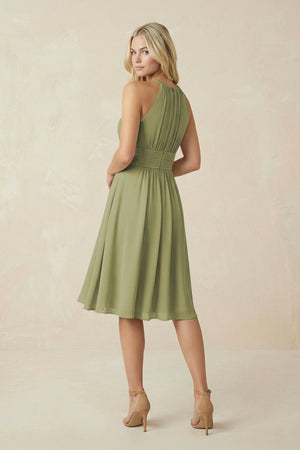 Halter A - Line Chiffon Midi Bridesmaid Dress in Moss Green - SHE IS ME Bridesmaid Dresses