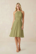 Halter A-Line Chiffon Midi Bridesmaid Dress in Moss Green | KISSBRIDAL