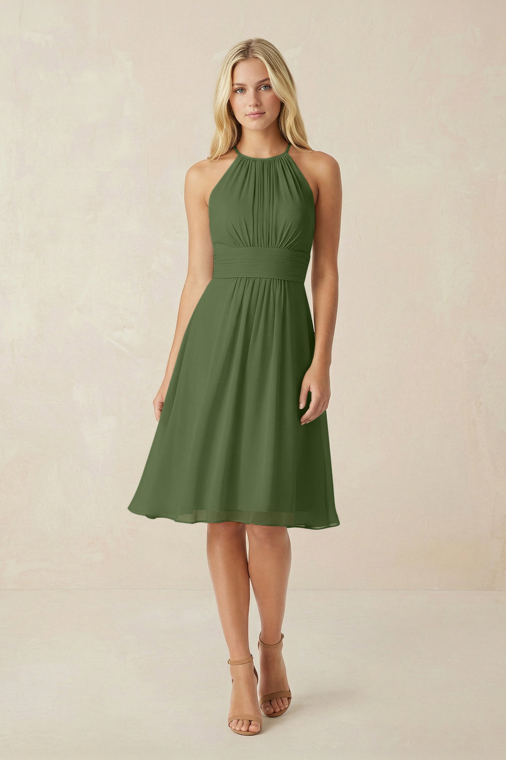 Halter A-Line Chiffon Midi Bridesmaid Dress in Moss