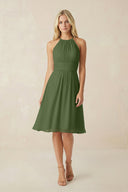Halter A-Line Chiffon Midi Bridesmaid Dress in Moss | KISSBRIDAL