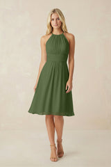 Halter A-Line Chiffon Midi Bridesmaid Dress in Moss | KISSBRIDAL