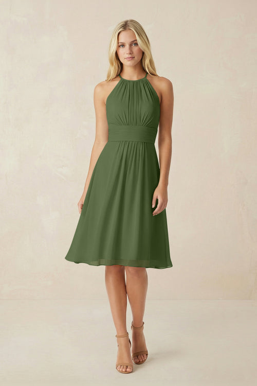 Halter A-Line Chiffon Midi Bridesmaid Dress in Moss | KISSBRIDAL