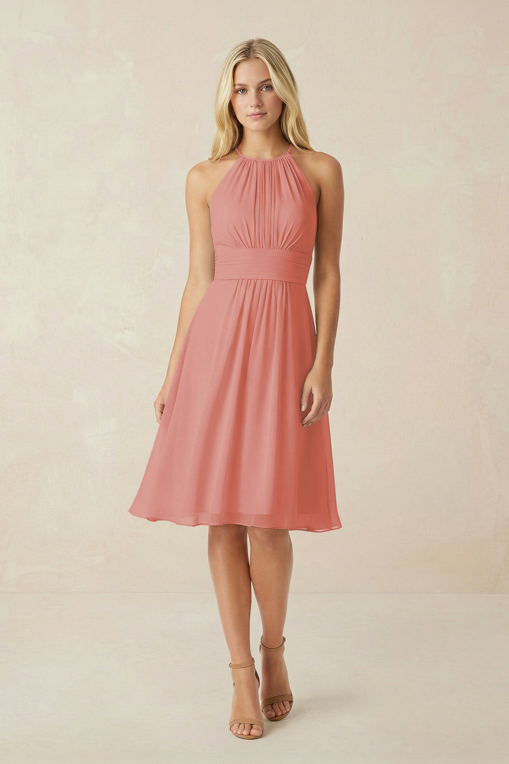 Halter A-Line Chiffon Midi Bridesmaid Dress in Mulberry