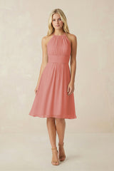 Halter A-Line Chiffon Midi Bridesmaid Dress in Mulberry | KISSBRIDAL