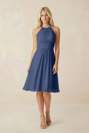 Halter A - Line Chiffon Midi Bridesmaid Dress in Navy - SHE IS ME Bridesmaid Dresses