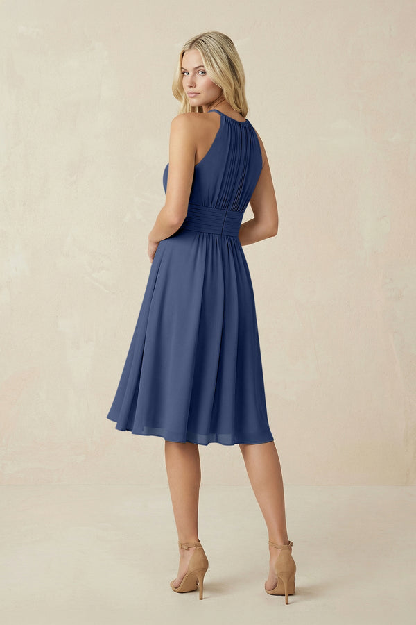 Halter A - Line Chiffon Midi Bridesmaid Dress in Navy - SHE IS ME Bridesmaid Dresses