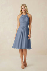 Halter A - Line Chiffon Midi Bridesmaid Dress in Neptune - KISS BRIDAL Bridesmaid Dresses