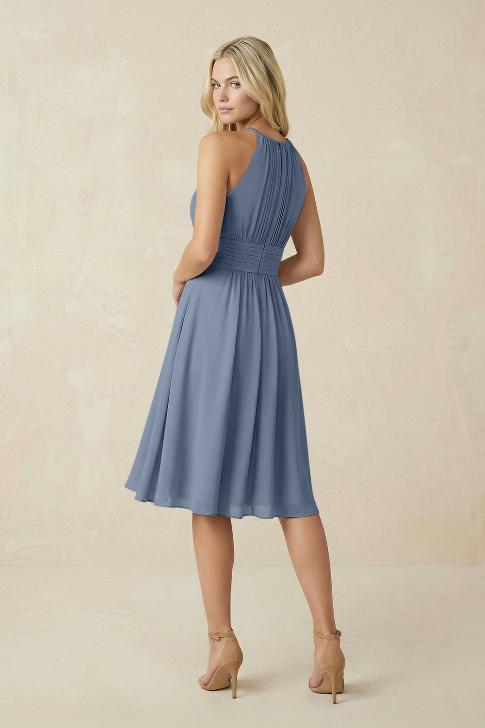 Halter A - Line Chiffon Midi Bridesmaid Dress in Neptune - KISS BRIDAL Bridesmaid Dresses