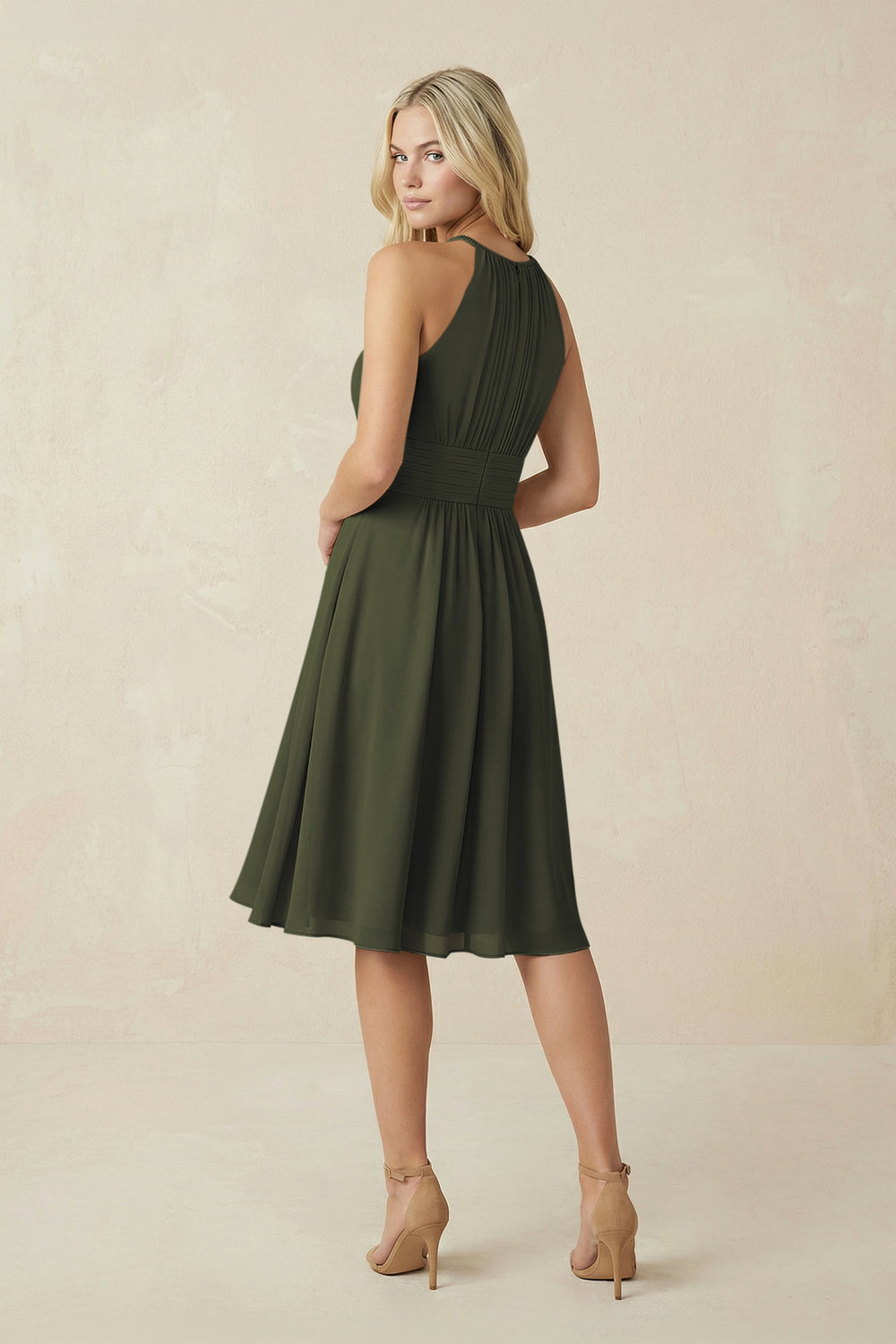 Halter A-Line Chiffon Midi Bridesmaid Dress in Olive