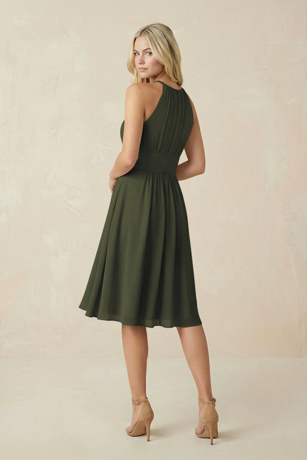 Halter A-Line Chiffon Midi Bridesmaid Dress in Olive (2) | KISSBRIDAL