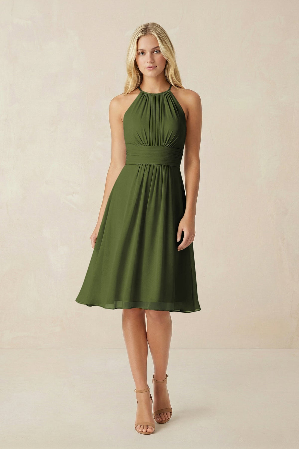 Halter A - Line Chiffon Midi Bridesmaid Dress in Olive - KISS BRIDAL Bridesmaid Dresses