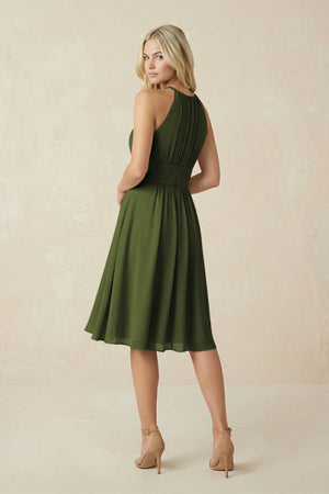Halter A - Line Chiffon Midi Bridesmaid Dress in Olive - SHE IS ME Bridesmaid Dresses
