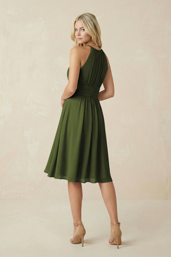 Halter A - Line Chiffon Midi Bridesmaid Dress in Olive - SHE IS ME Bridesmaid Dresses