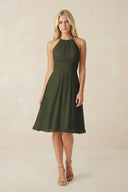 Halter A-Line Chiffon Midi Bridesmaid Dress in Olive | KISSBRIDAL