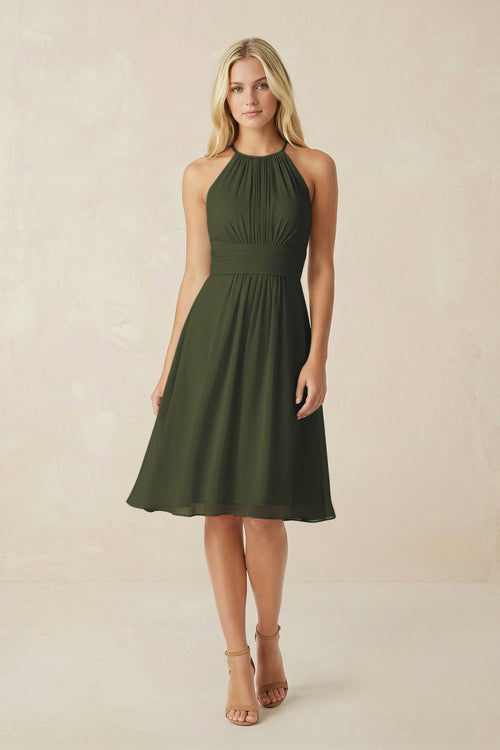 Halter A-Line Chiffon Midi Bridesmaid Dress in Olive | KISSBRIDAL