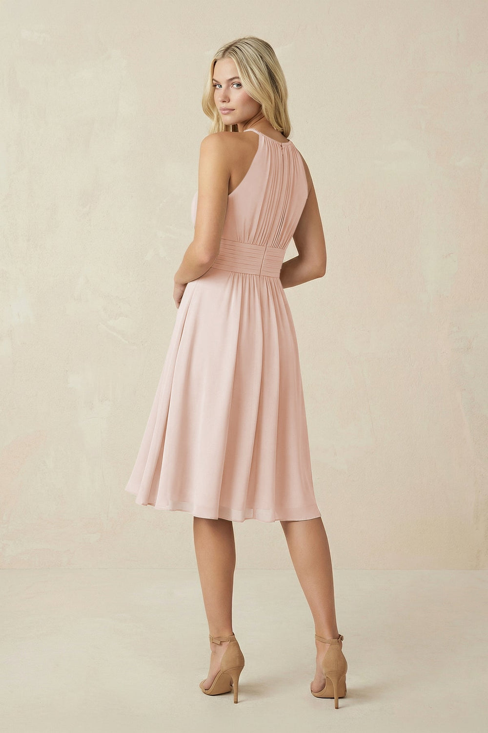 Halter A - Line Chiffon Midi Bridesmaid Dress in Pale Blush - KISS BRIDAL Bridesmaid Dresses
