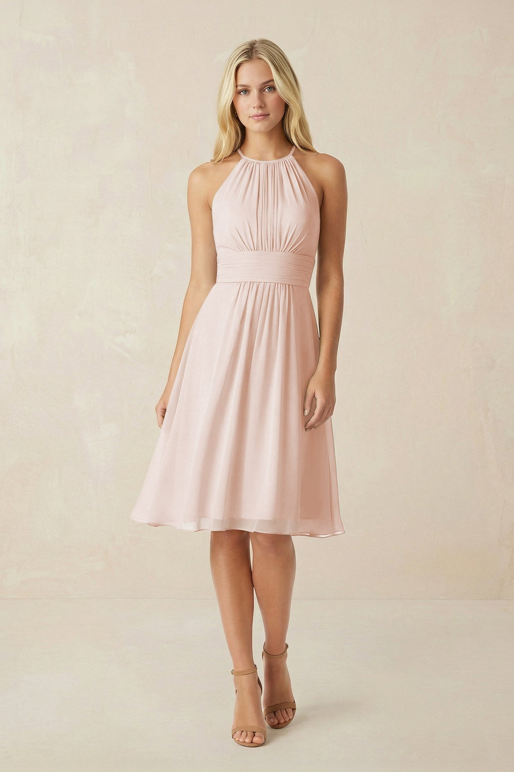 Halter A - Line Chiffon Midi Bridesmaid Dress in Pale Blush - KISS BRIDAL Bridesmaid Dresses