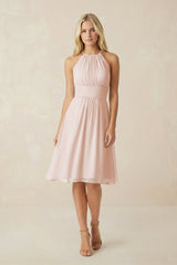Halter A - Line Chiffon Midi Bridesmaid Dress in Pale Blush - KISS BRIDAL Bridesmaid Dresses