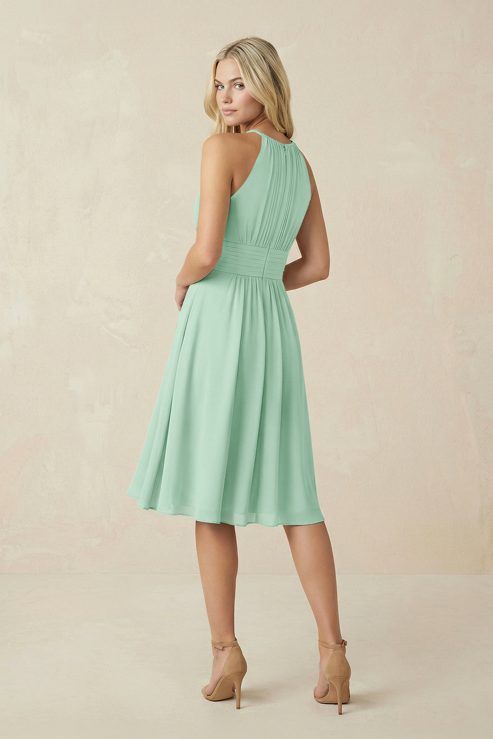 Halter A-Line Chiffon Midi Bridesmaid Dress in Pale Pistachio