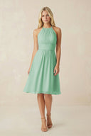 Halter A - Line Chiffon Midi Bridesmaid Dress in Pale Pistachio - SHE IS ME Bridesmaid Dresses