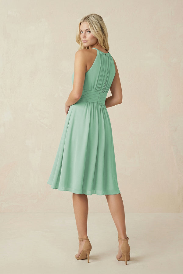 Halter A - Line Chiffon Midi Bridesmaid Dress in Pale Pistachio - SHE IS ME Bridesmaid Dresses
