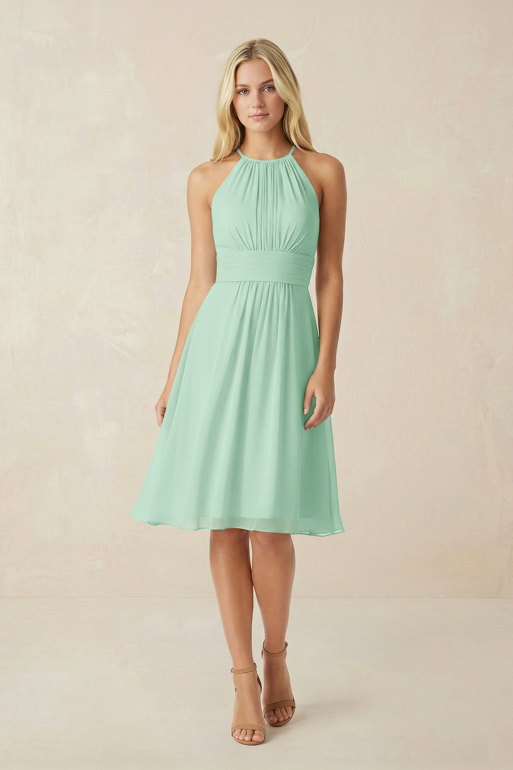 Halter A-Line Chiffon Midi Bridesmaid Dress in Pale Pistachio