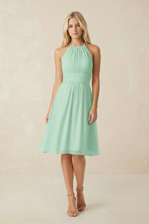 Halter A-Line Chiffon Midi Bridesmaid Dress in Pale Pistachio | KISSBRIDAL