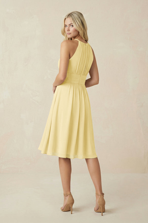 Halter A - Line Chiffon Midi Bridesmaid Dress in Pastel Yellow - SHE IS ME Bridesmaid Dresses