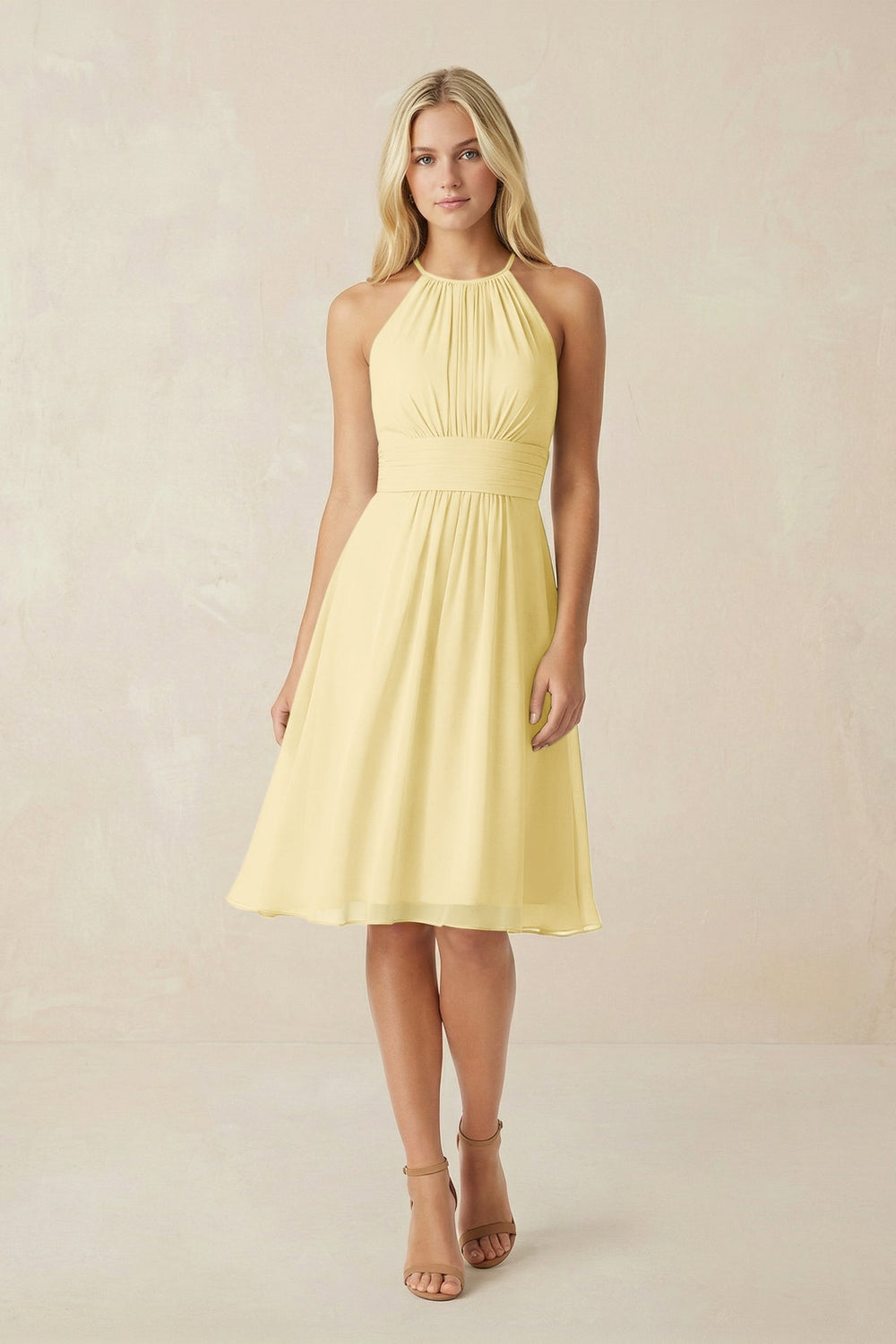 Halter A - Line Chiffon Midi Bridesmaid Dress in Pastel Yellow - KISS BRIDAL Bridesmaid Dresses