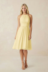 Halter A - Line Chiffon Midi Bridesmaid Dress in Pastel Yellow - KISS BRIDAL Bridesmaid Dresses