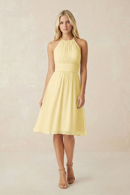 Halter A - Line Chiffon Midi Bridesmaid Dress in Pastel Yellow - SHE IS ME Bridesmaid Dresses
