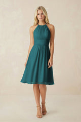 Halter A - Line Chiffon Midi Bridesmaid Dress in Pine - KISS BRIDAL Bridesmaid Dresses