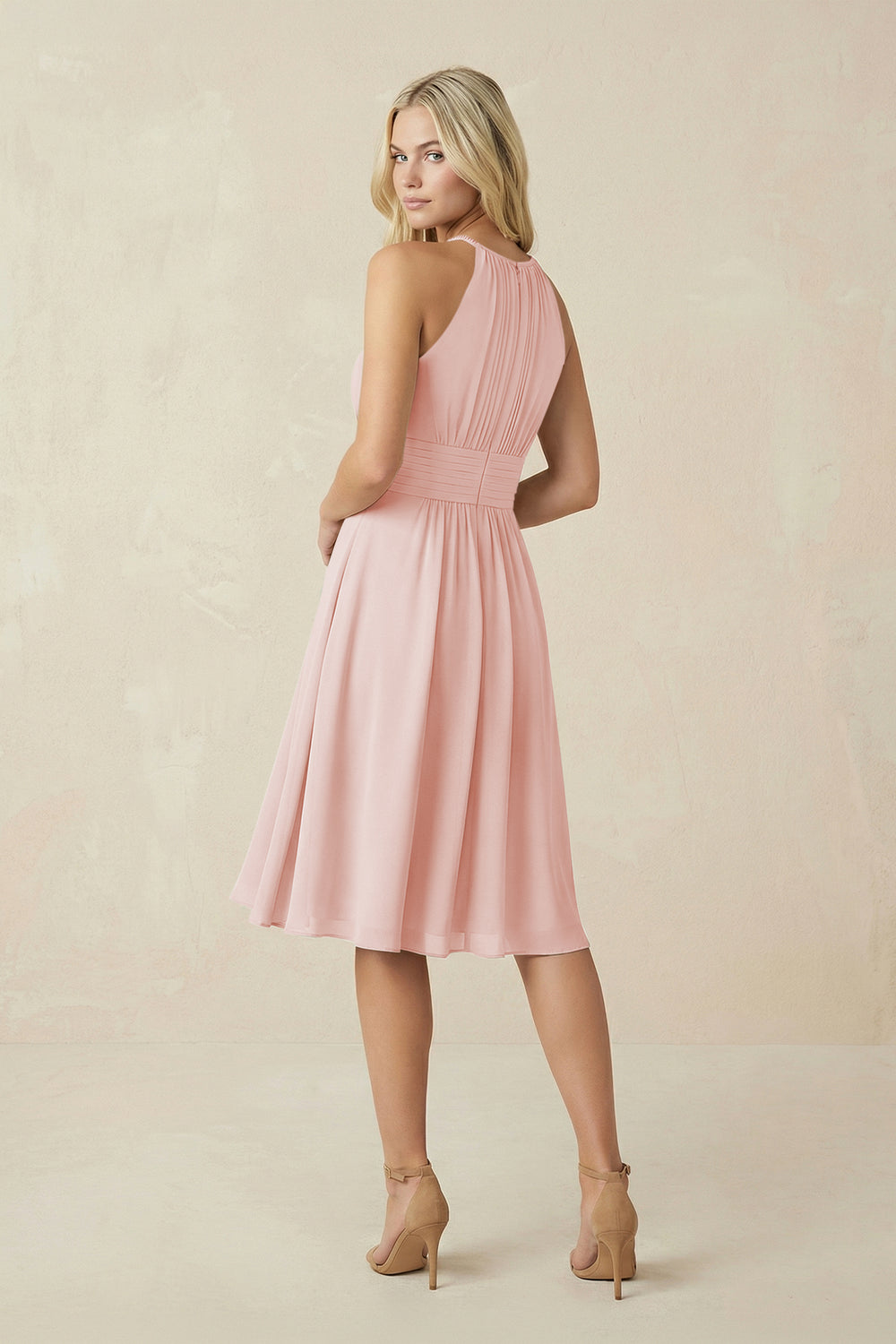 Halter A-Line Chiffon Midi Bridesmaid Dress in Rose Petal