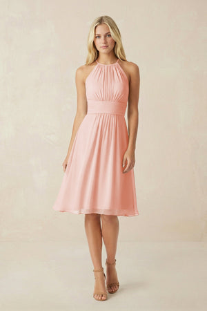 Halter A - Line Chiffon Midi Bridesmaid Dress in Rose Petal - SHE IS ME Bridesmaid Dresses
