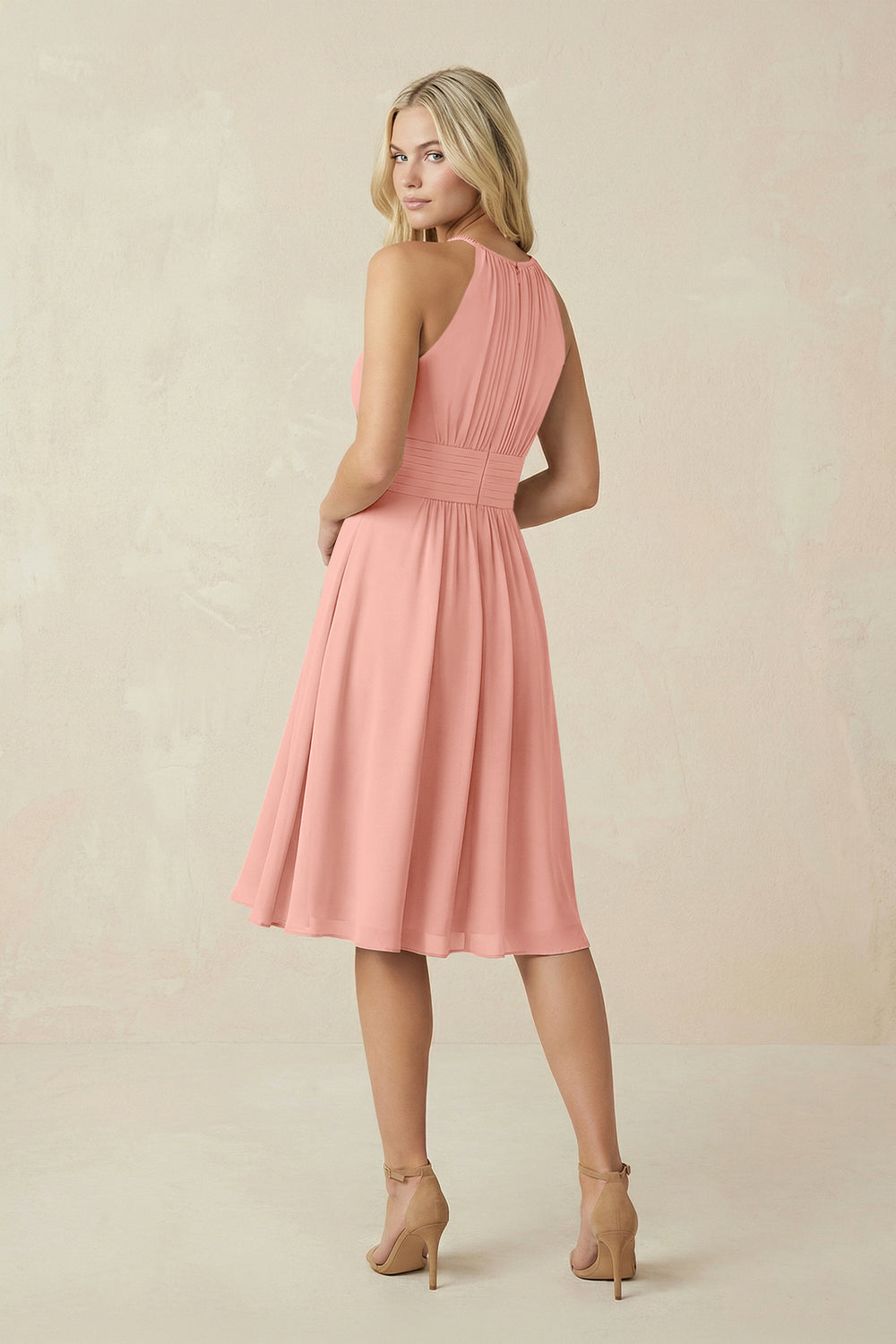 Halter A-Line Chiffon Midi Bridesmaid Dress in Rosette