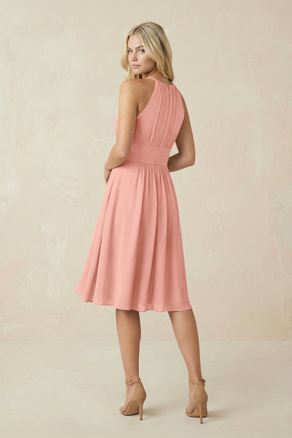 Halter A-Line Chiffon Midi Bridesmaid Dress in Rosette (2) | KISSBRIDAL