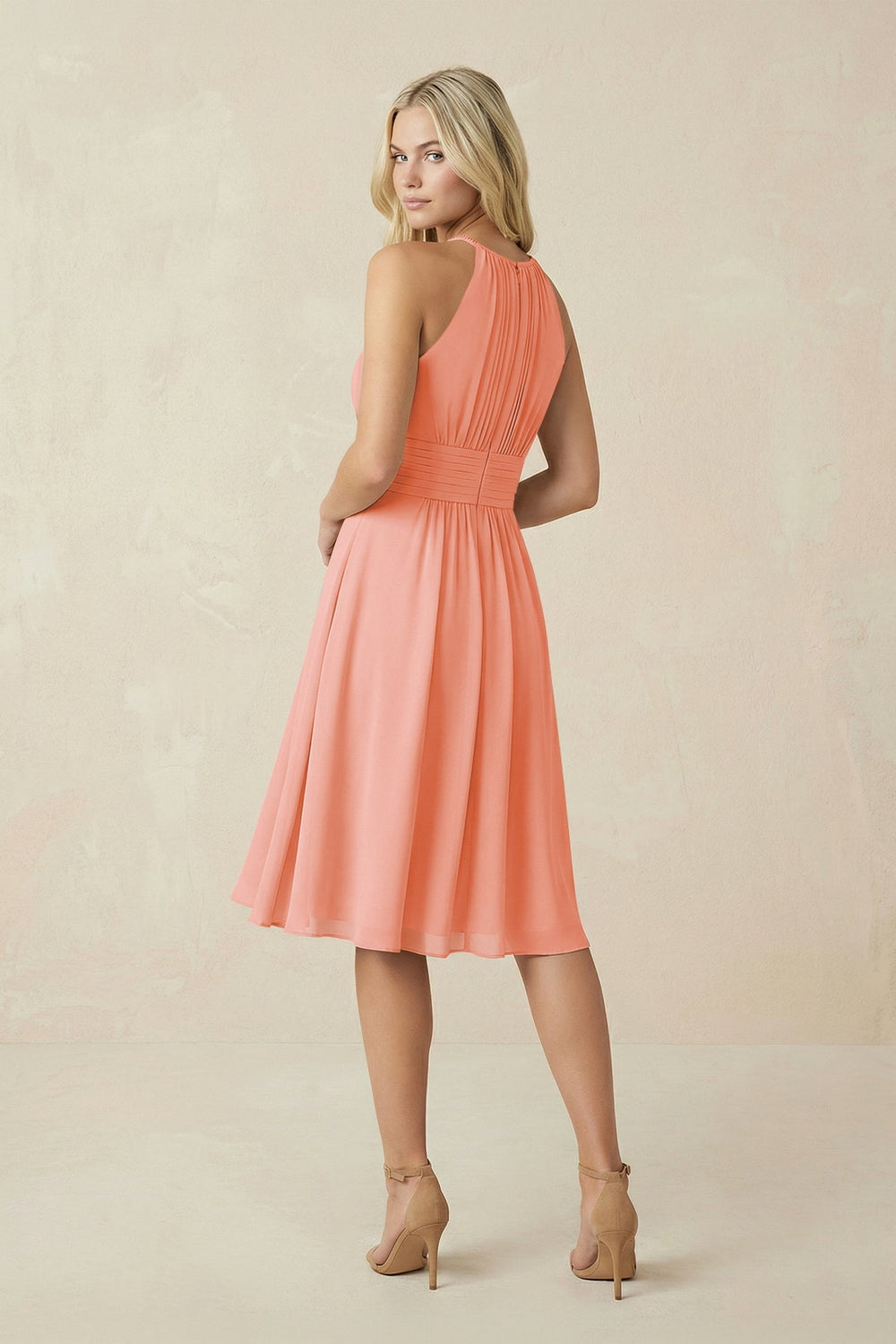 Halter A - Line Chiffon Midi Bridesmaid Dress in Rosette - KISS BRIDAL Bridesmaid Dresses