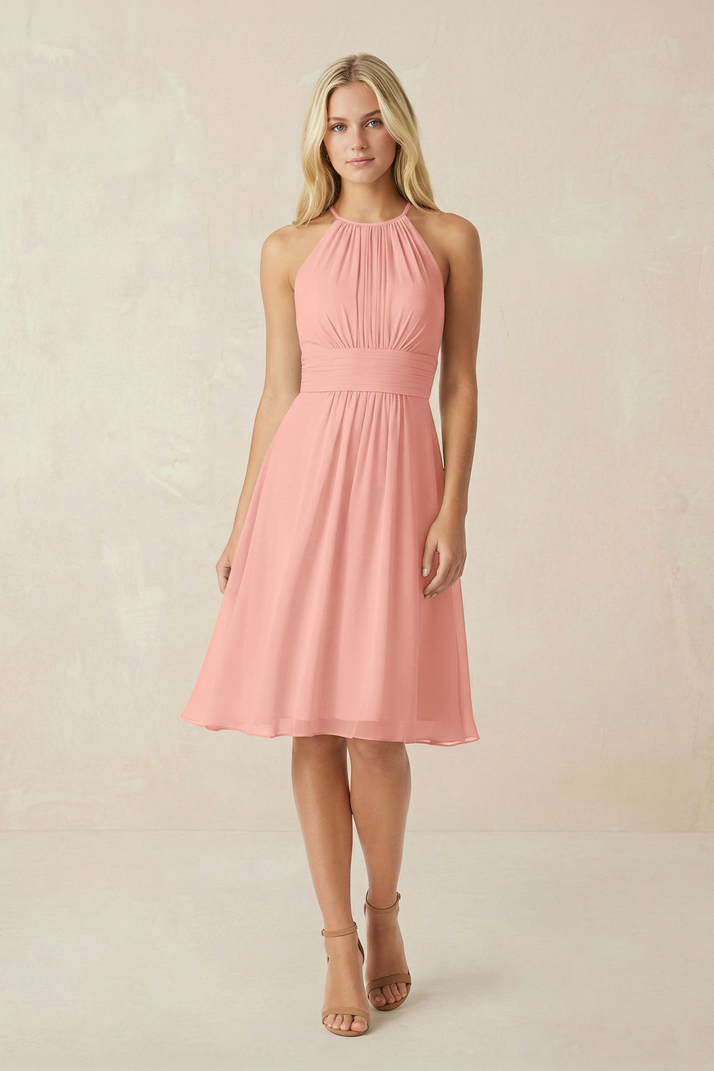 Halter A-Line Chiffon Midi Bridesmaid Dress in Rosette