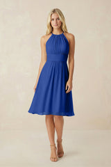 Halter A - Line Chiffon Midi Bridesmaid Dress in Royal Blue - KISS BRIDAL Bridesmaid Dresses