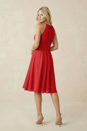 Halter A - Line Chiffon Midi Bridesmaid Dress in Ruby Red - SHE IS ME Bridesmaid Dresses